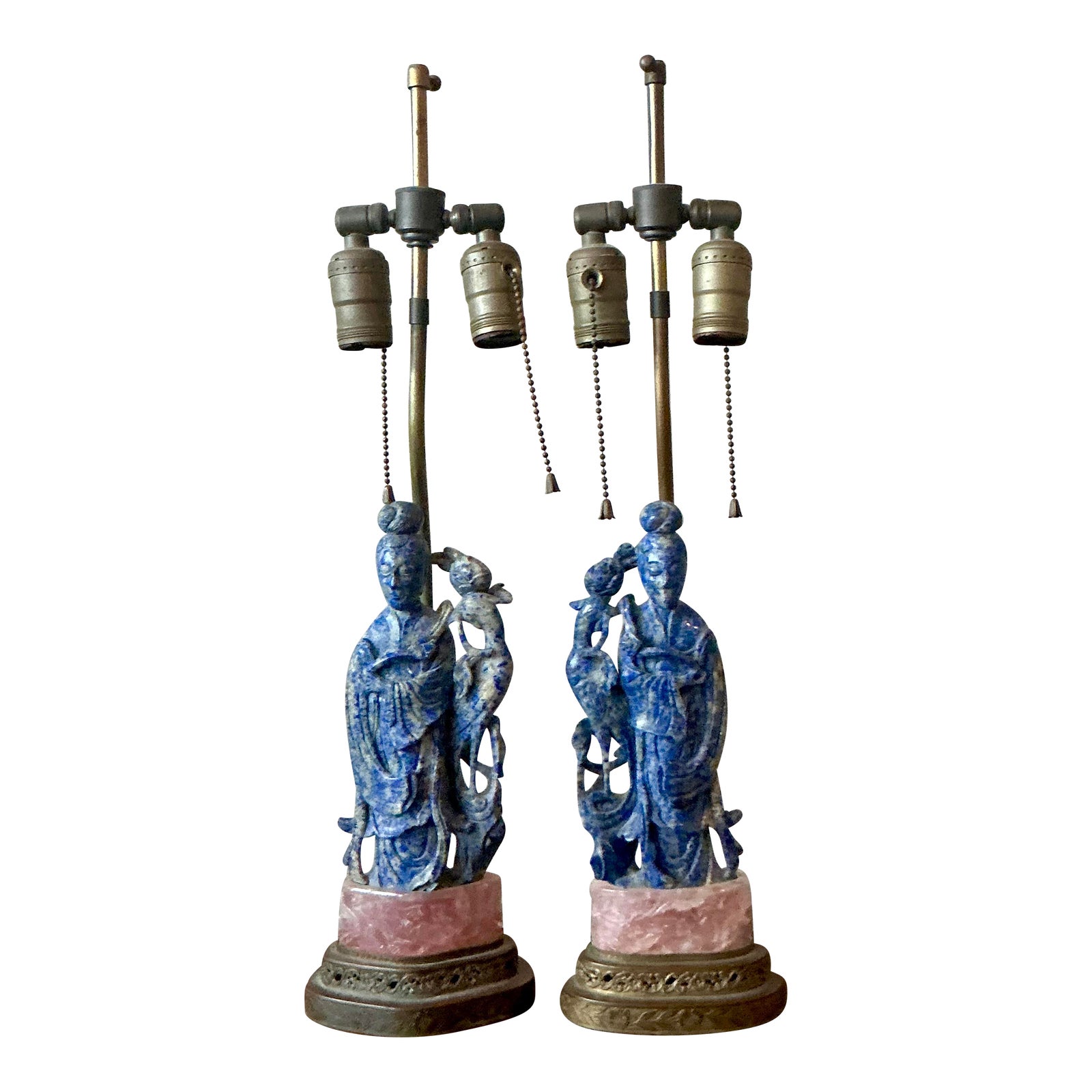 Vintage Regency Lapis Lazuli and Rose Quartz Figural Lamps - Set of 2