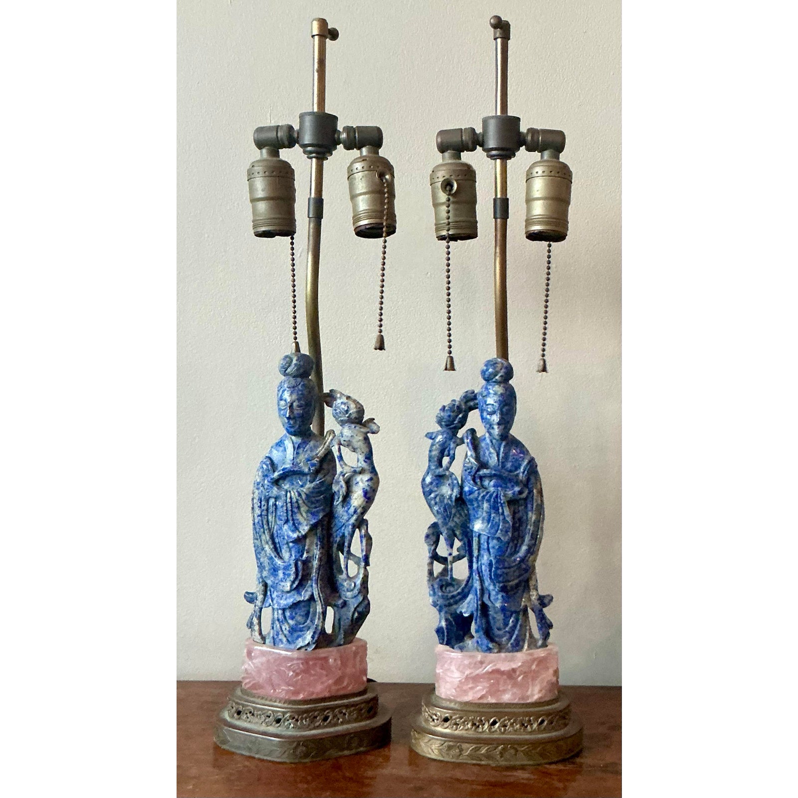 Vintage Regency Lapis Lazuli and Rose Quartz Figural Lamps - Set of 2 - Back view