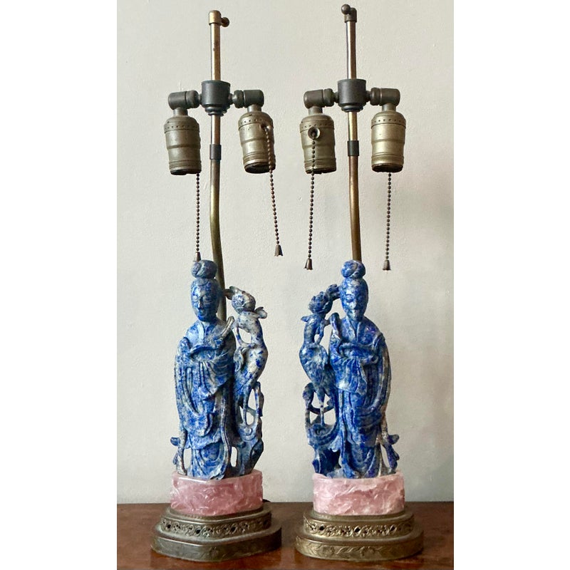 Vintage Regency Lapis Lazuli and Rose Quartz Figural Lamps - Set of 2 - Top view