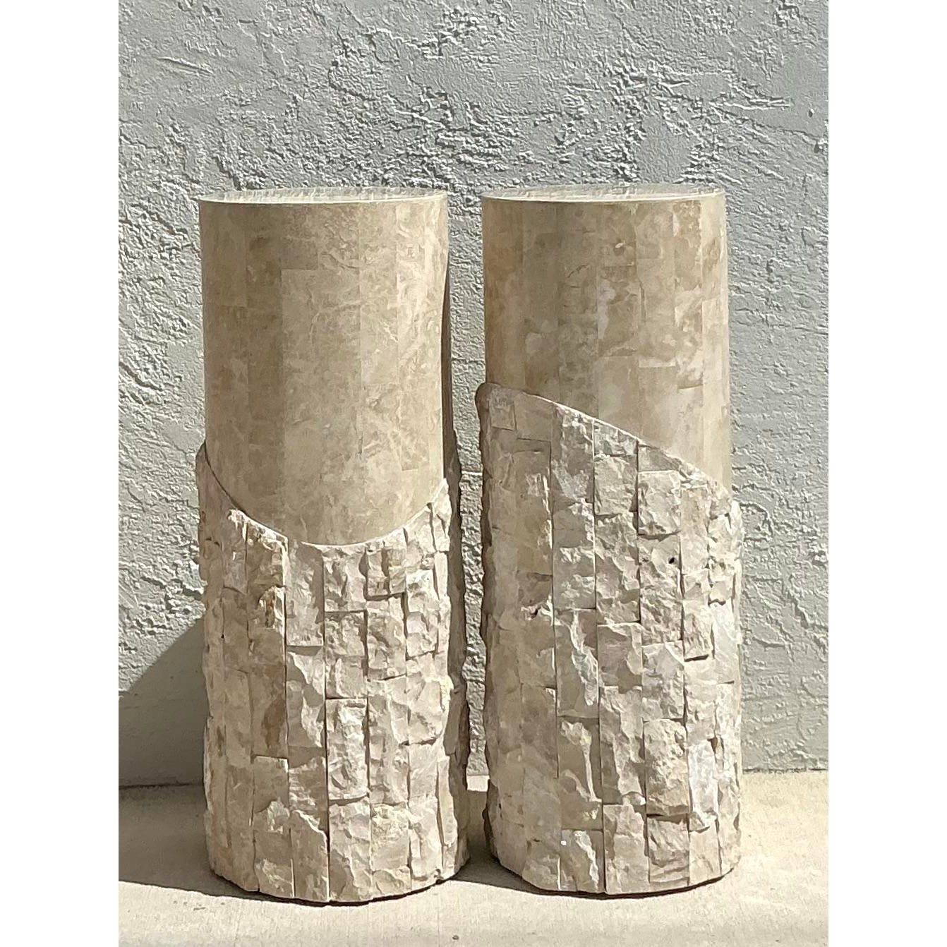 Vintage Boho Tessellated Stone Pedestals - A Pair - Side view