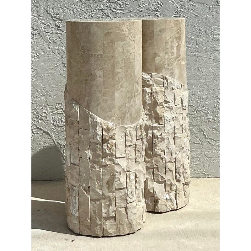 Vintage Boho Tessellated Stone Pedestals - A Pair - Back view