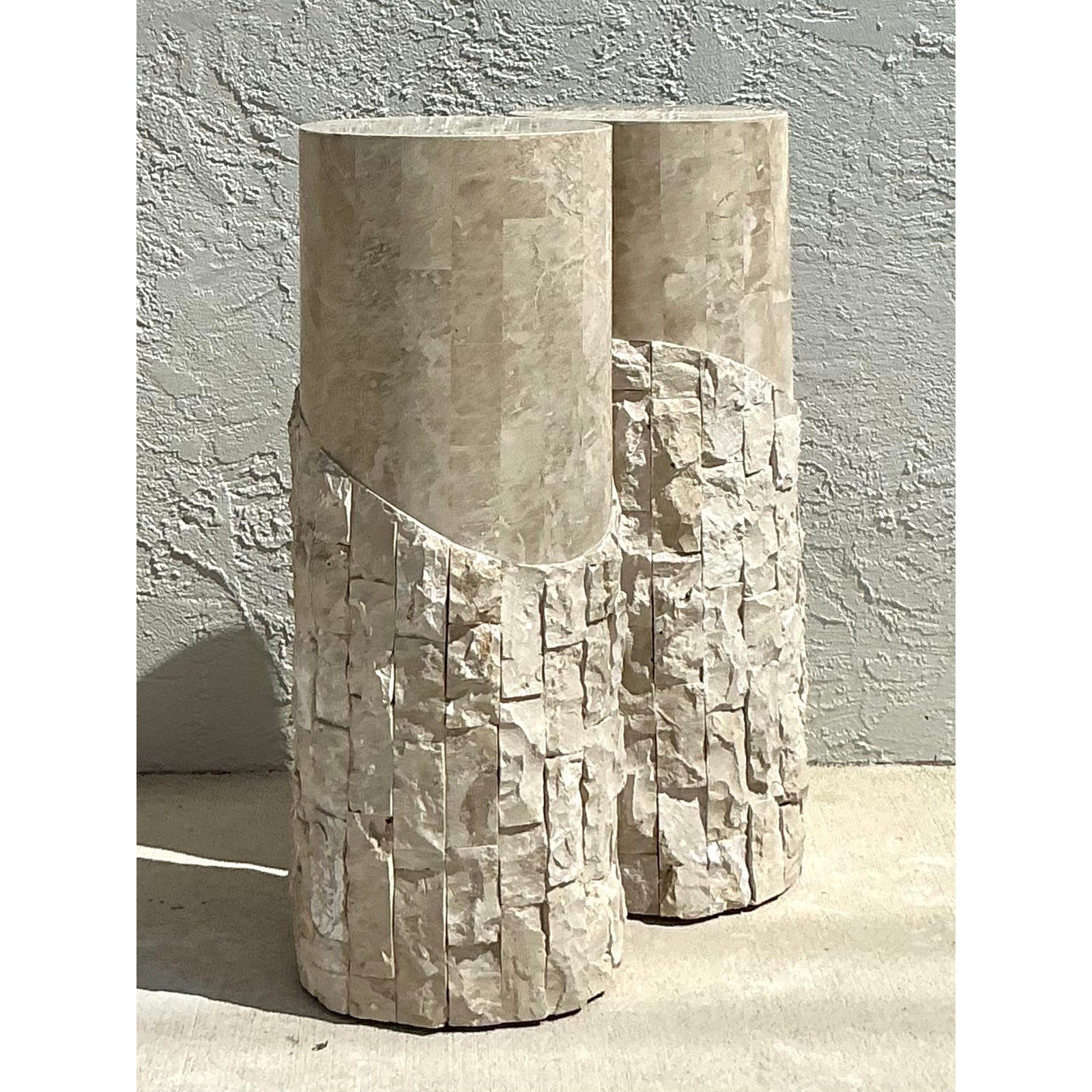 Vintage Boho Tessellated Stone Pedestals - A Pair - Top view