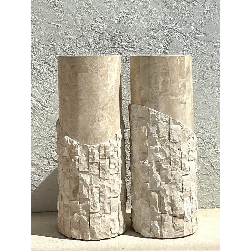 Vintage Boho Tessellated Stone Pedestals - A Pair - Detail view