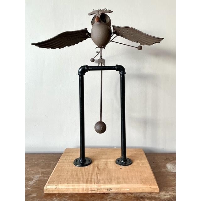 Vintage Boho Kinetic Metal Owl Sculpture - Detail view