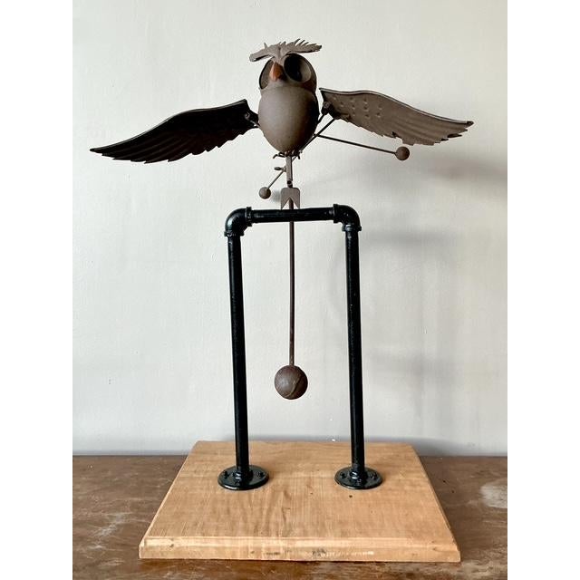 Vintage Boho Kinetic Metal Owl Sculpture - Side view