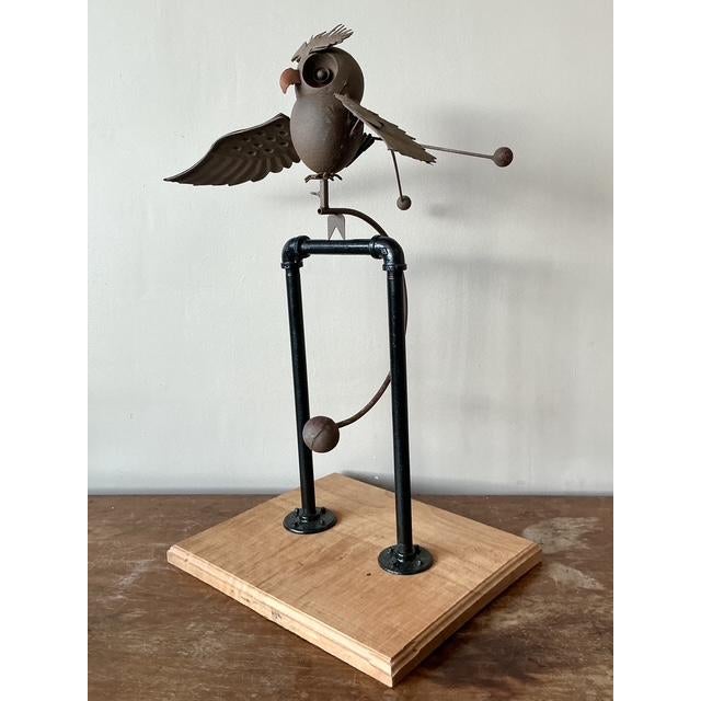 Vintage Boho Kinetic Metal Owl Sculpture - Back view