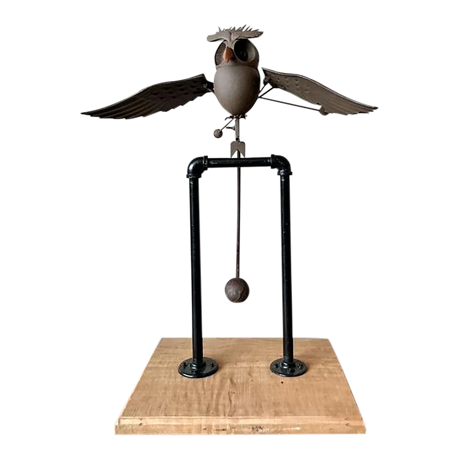 Vintage Boho Kinetic Metal Owl Sculpture
