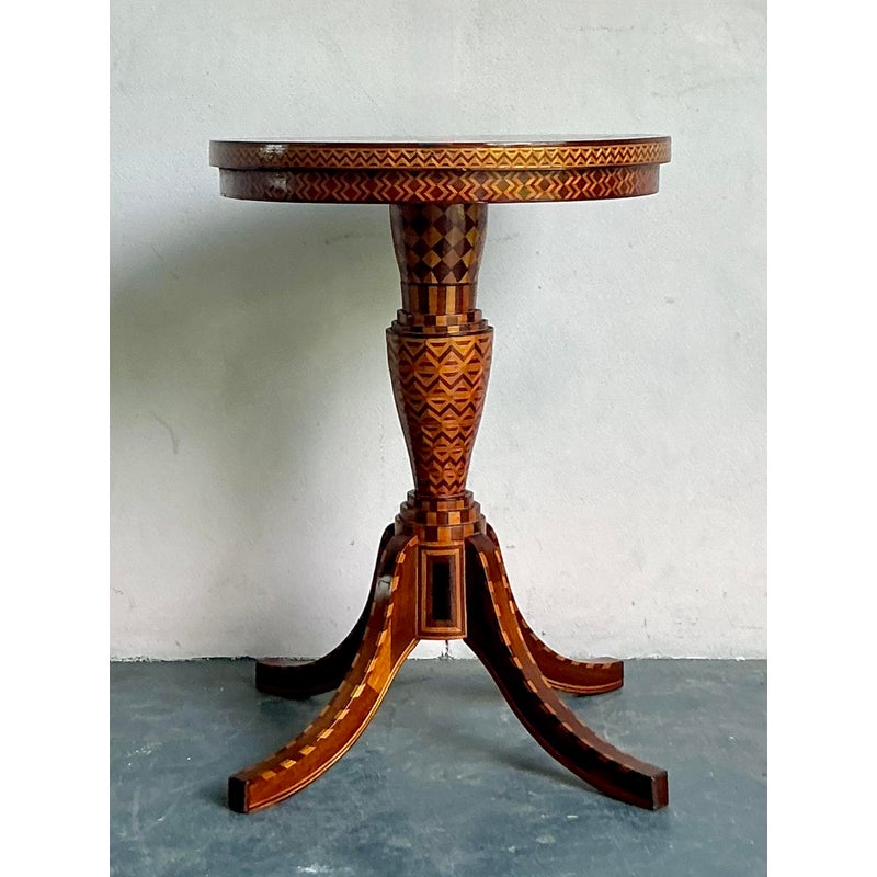 Vintage Boho Marquetry Wood Side Table - Side view