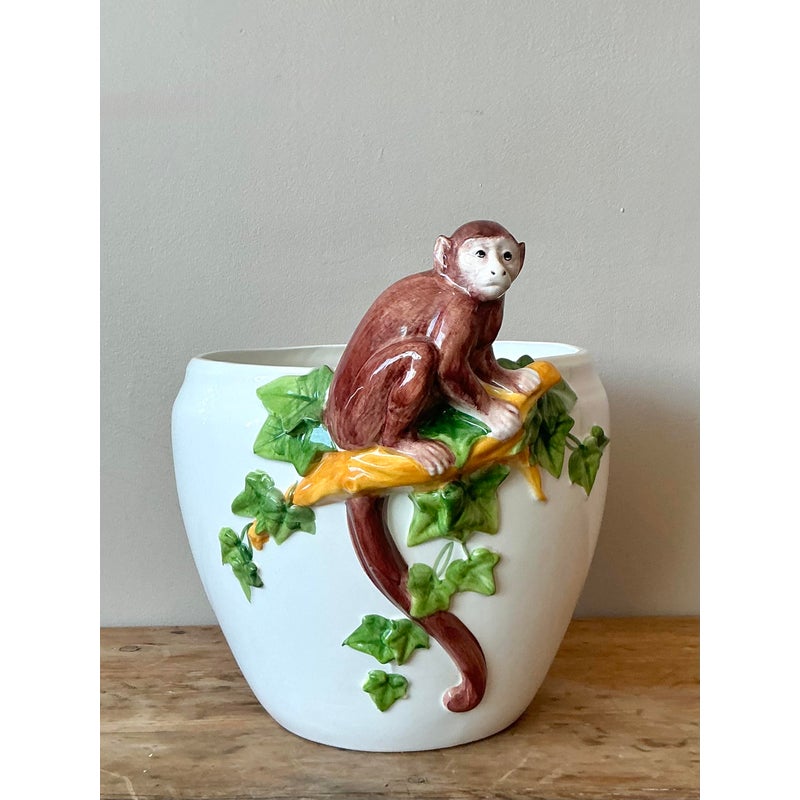 Vintage Italian Oggetti Glazed Ceramic Monkey Cache Pot - Top view