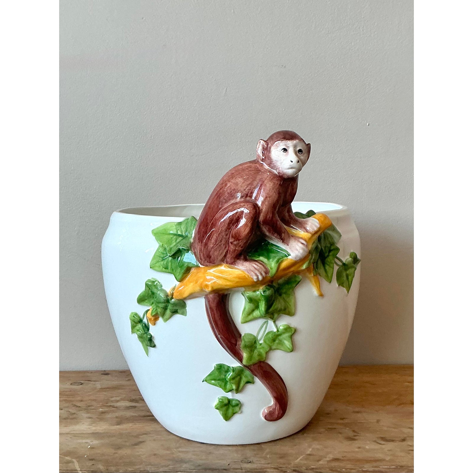 Vintage Italian Oggetti Glazed Ceramic Monkey Cache Pot - Back view
