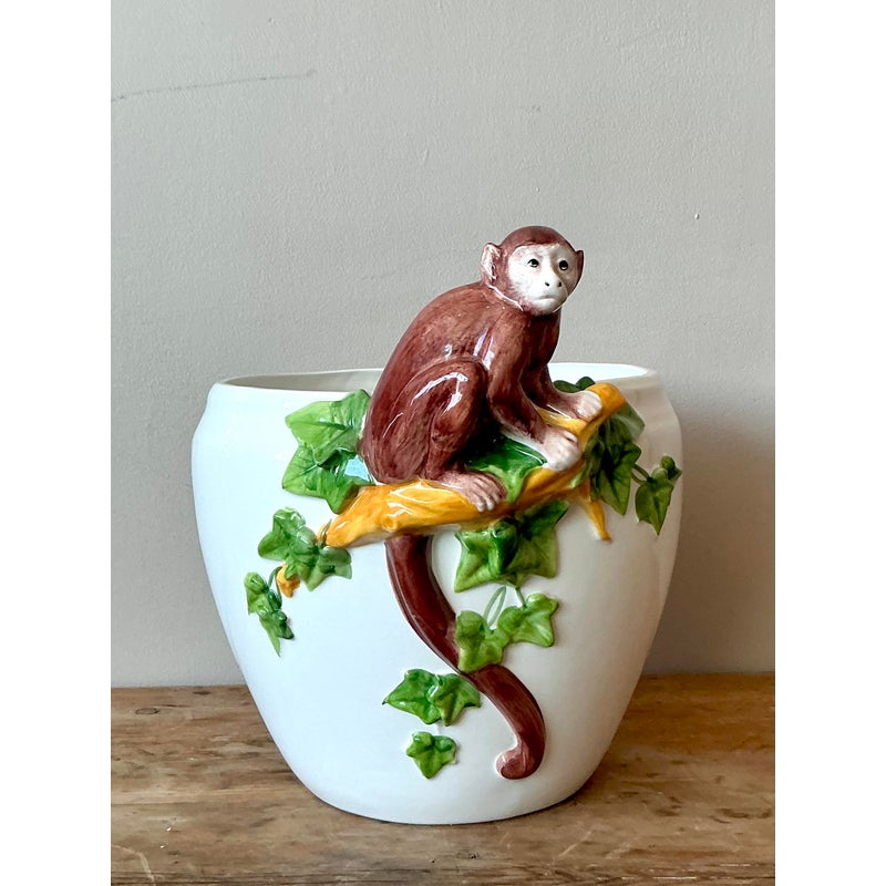 Vintage Italian Oggetti Glazed Ceramic Monkey Cache Pot - Side view