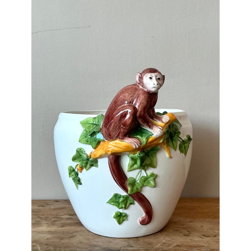 Vintage Italian Oggetti Glazed Ceramic Monkey Cache Pot - Detail view