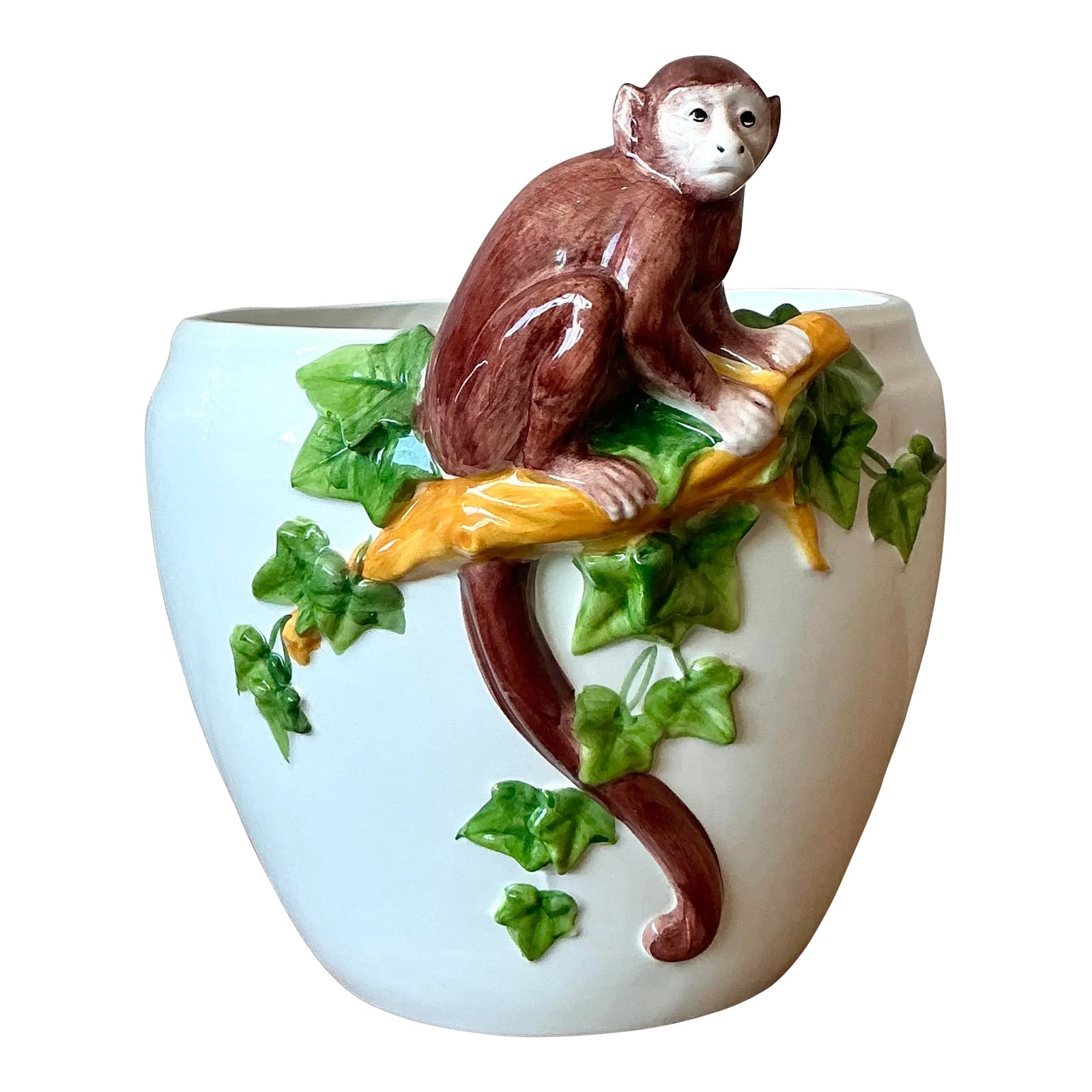Vintage Italian Oggetti Glazed Ceramic Monkey Cache Pot