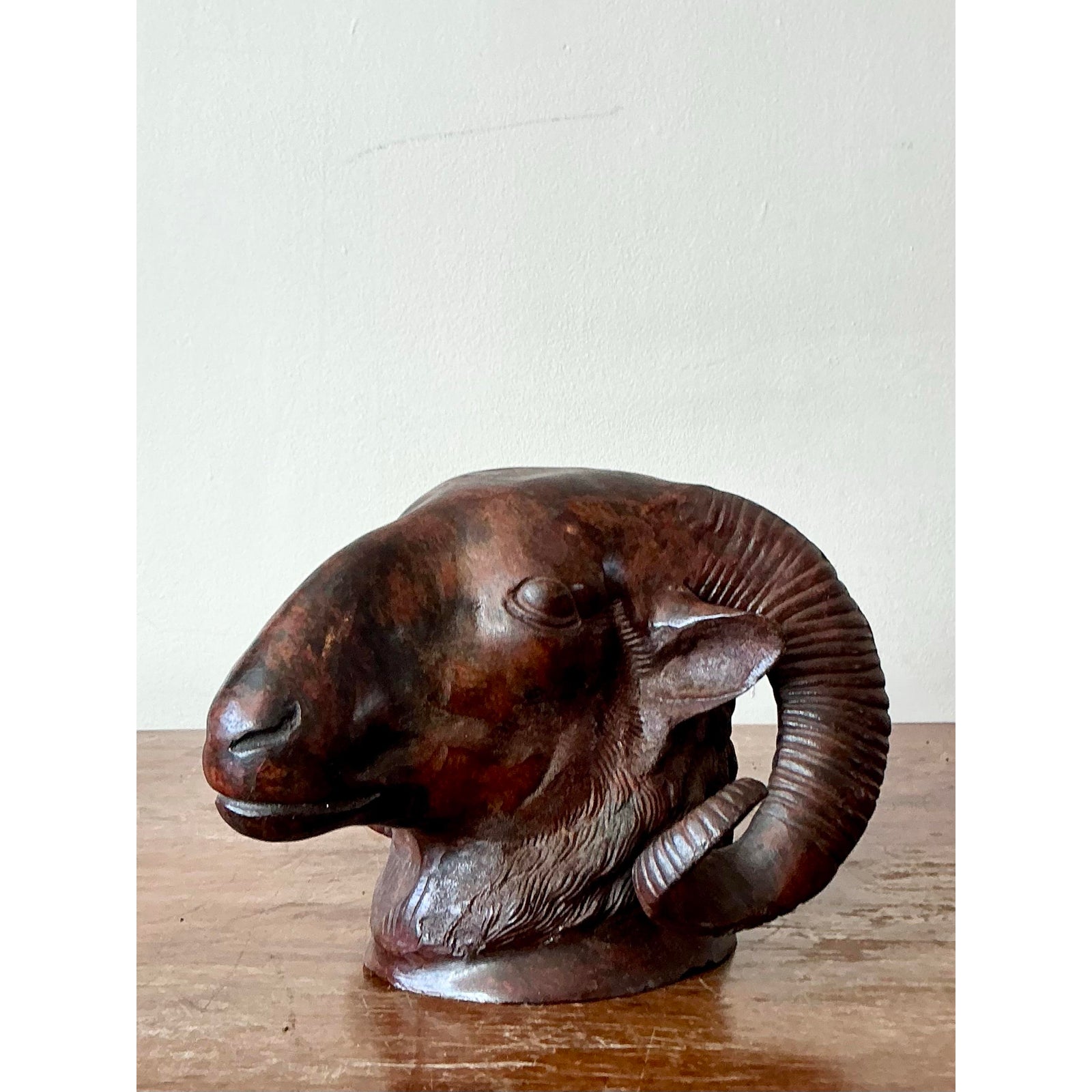 Vintage Boho Cast Bronze Rams Head - Top view