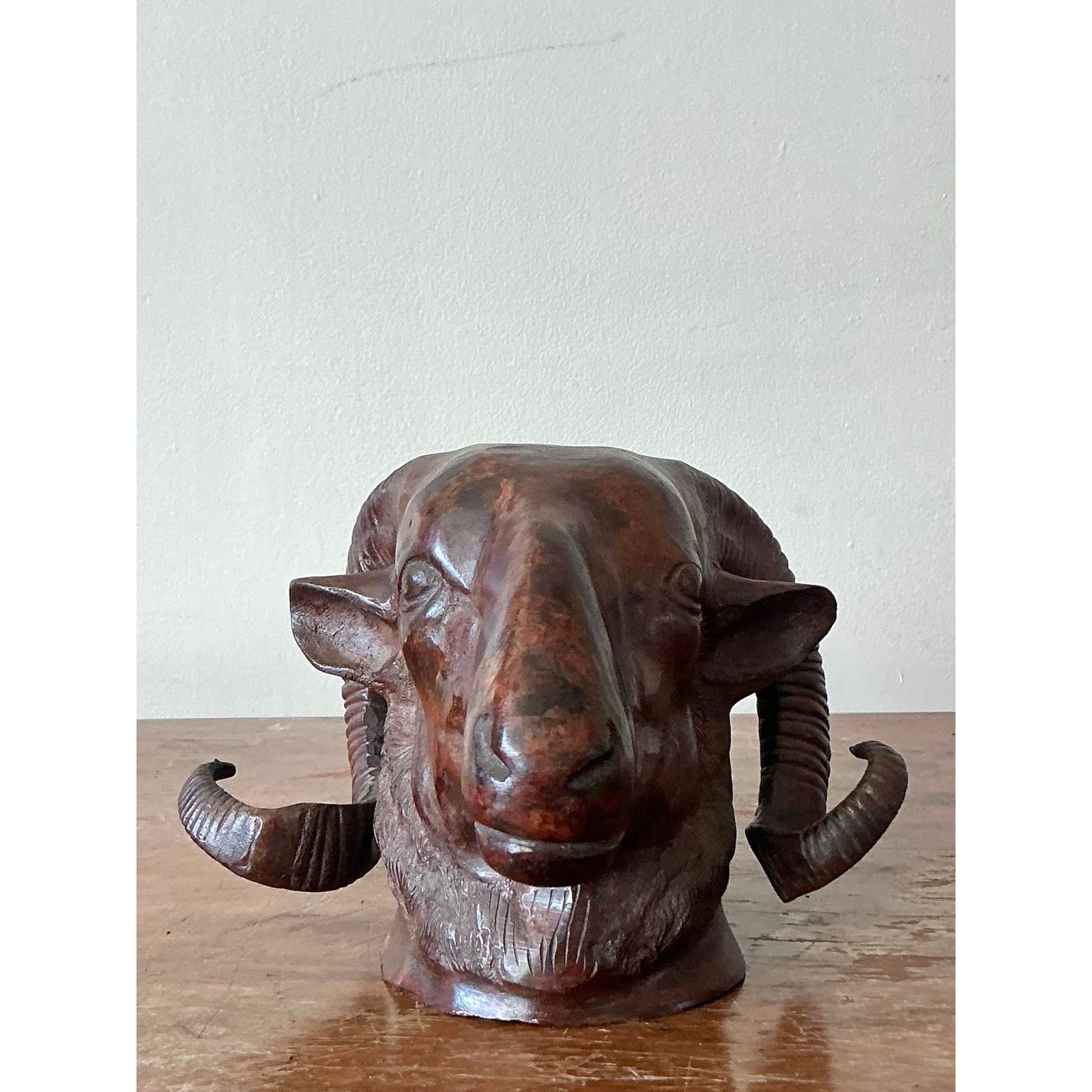 Vintage Boho Cast Bronze Rams Head - Side view