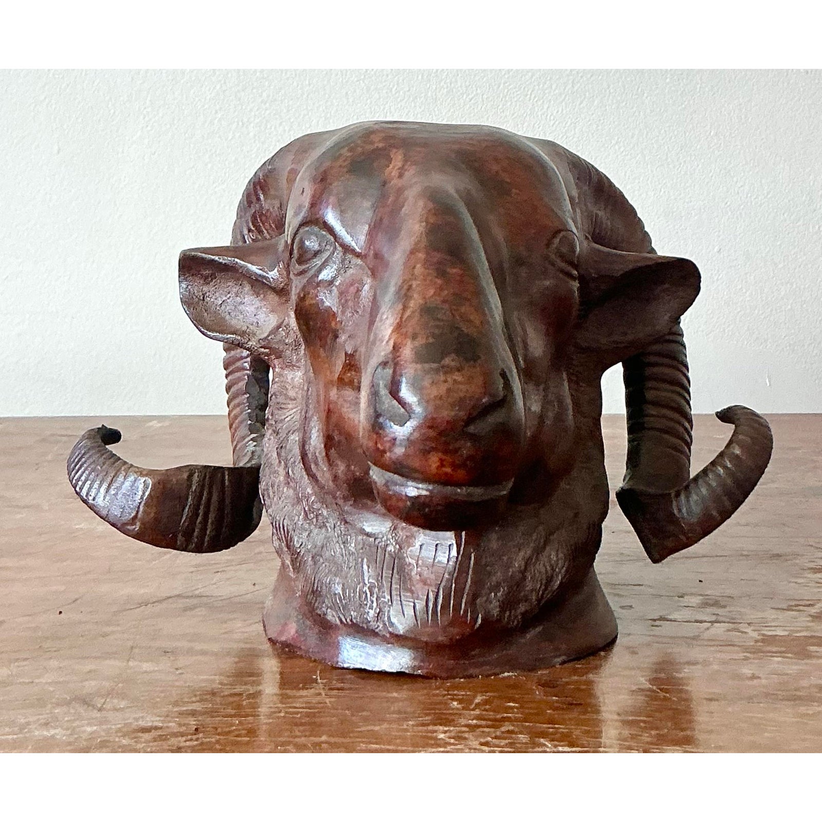 Vintage Boho Cast Bronze Rams Head - Detail view