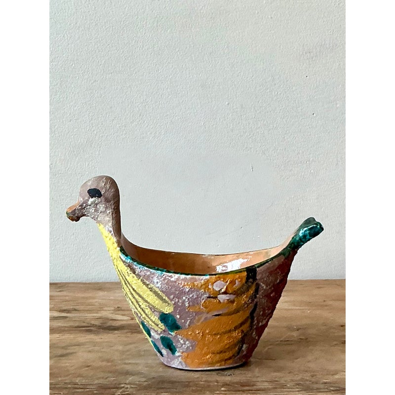 Vintage Boho Hand Painted Bird Bowl - Side view