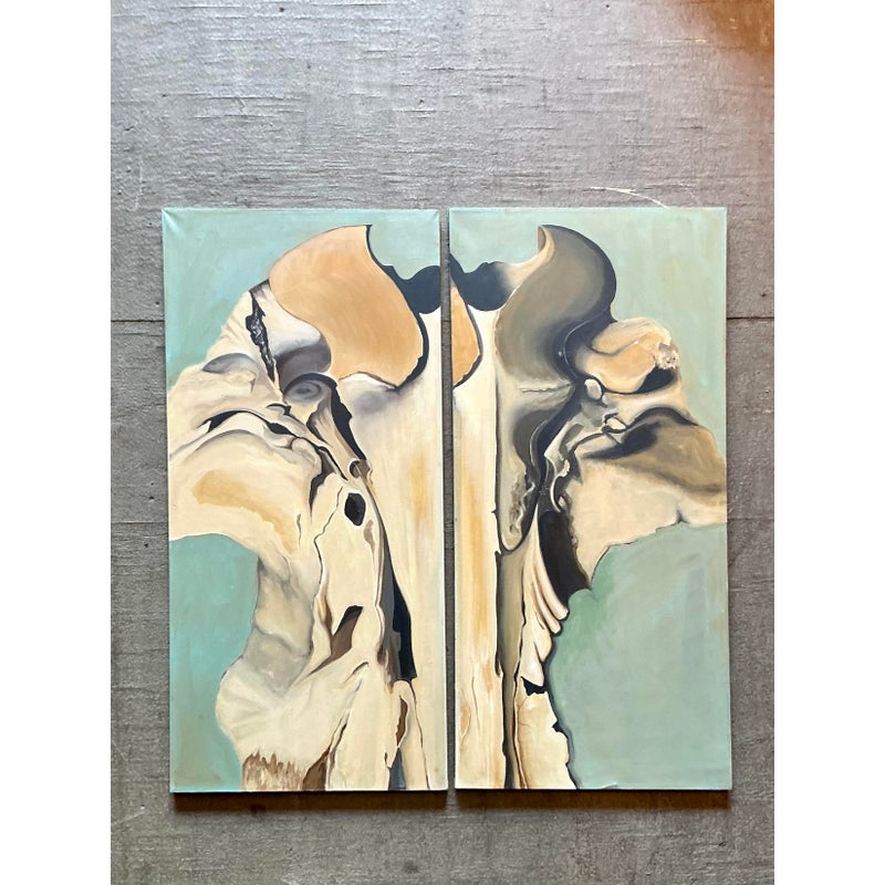Vintage Boho Original Abstract Diptych on Canvas - Side view