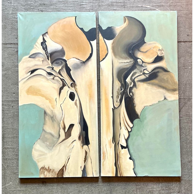 Vintage Boho Original Abstract Diptych on Canvas - Back view