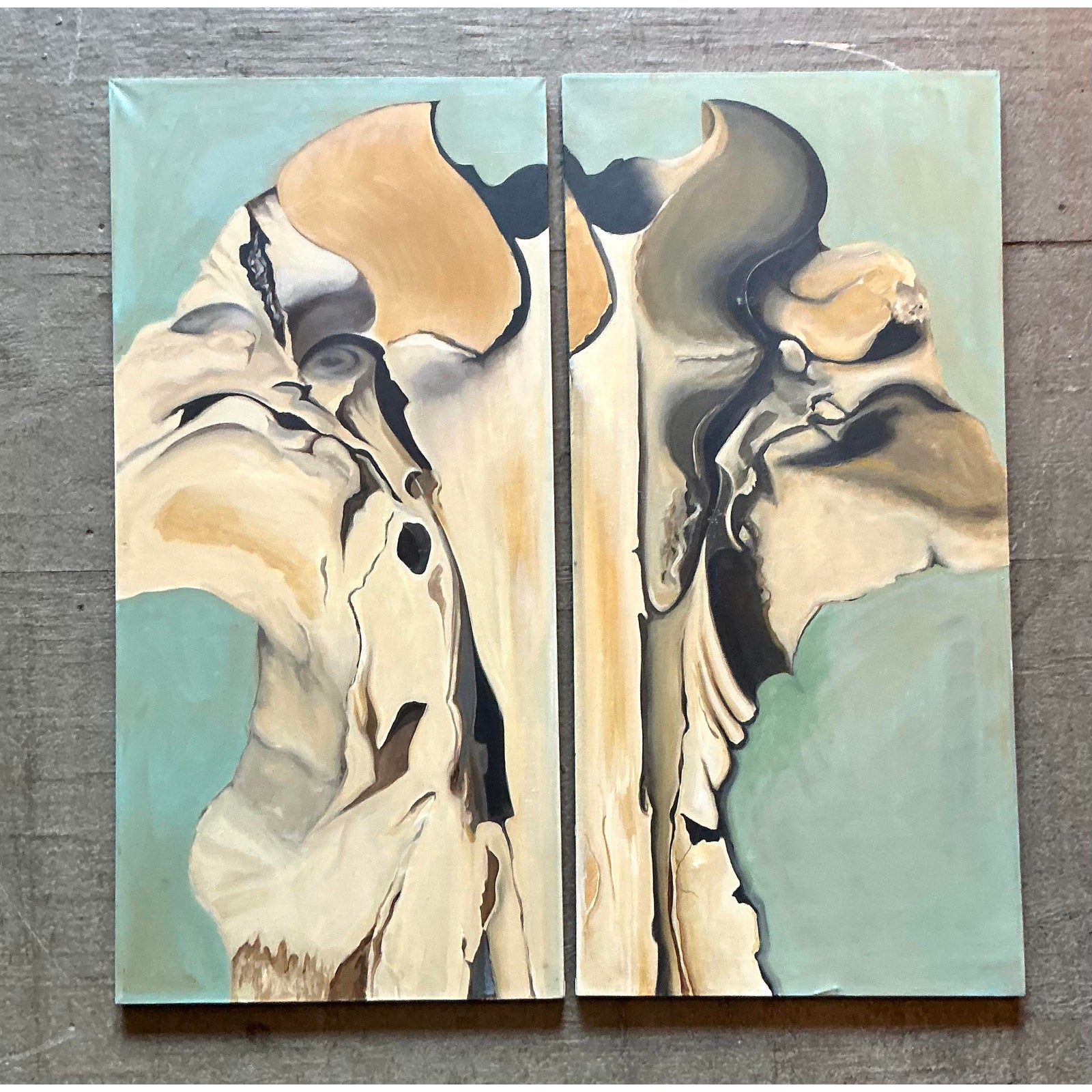 Vintage Boho Original Abstract Diptych on Canvas - Detail view