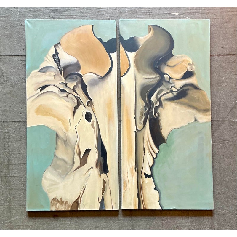 Vintage Boho Original Abstract Diptych on Canvas - Top view