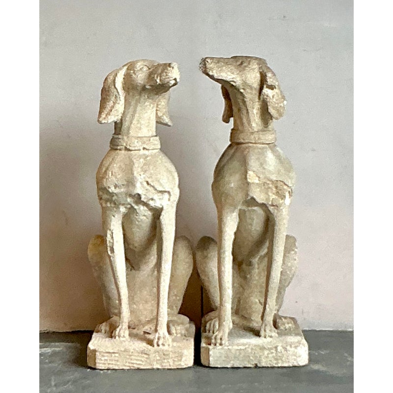 Vintage Regency Distressed Cast Concrete Dogs - Back view