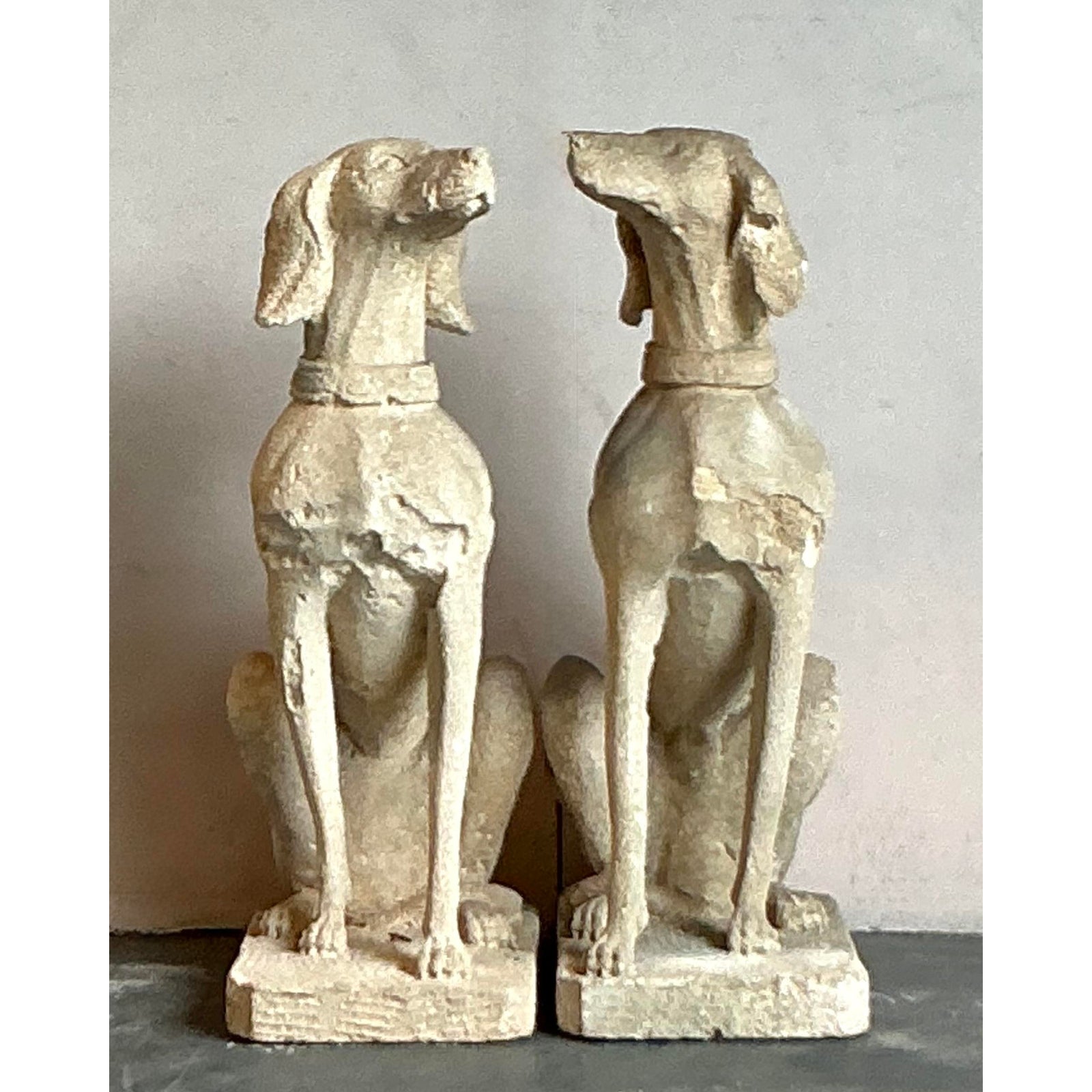 Vintage Regency Distressed Cast Concrete Dogs - Detail view