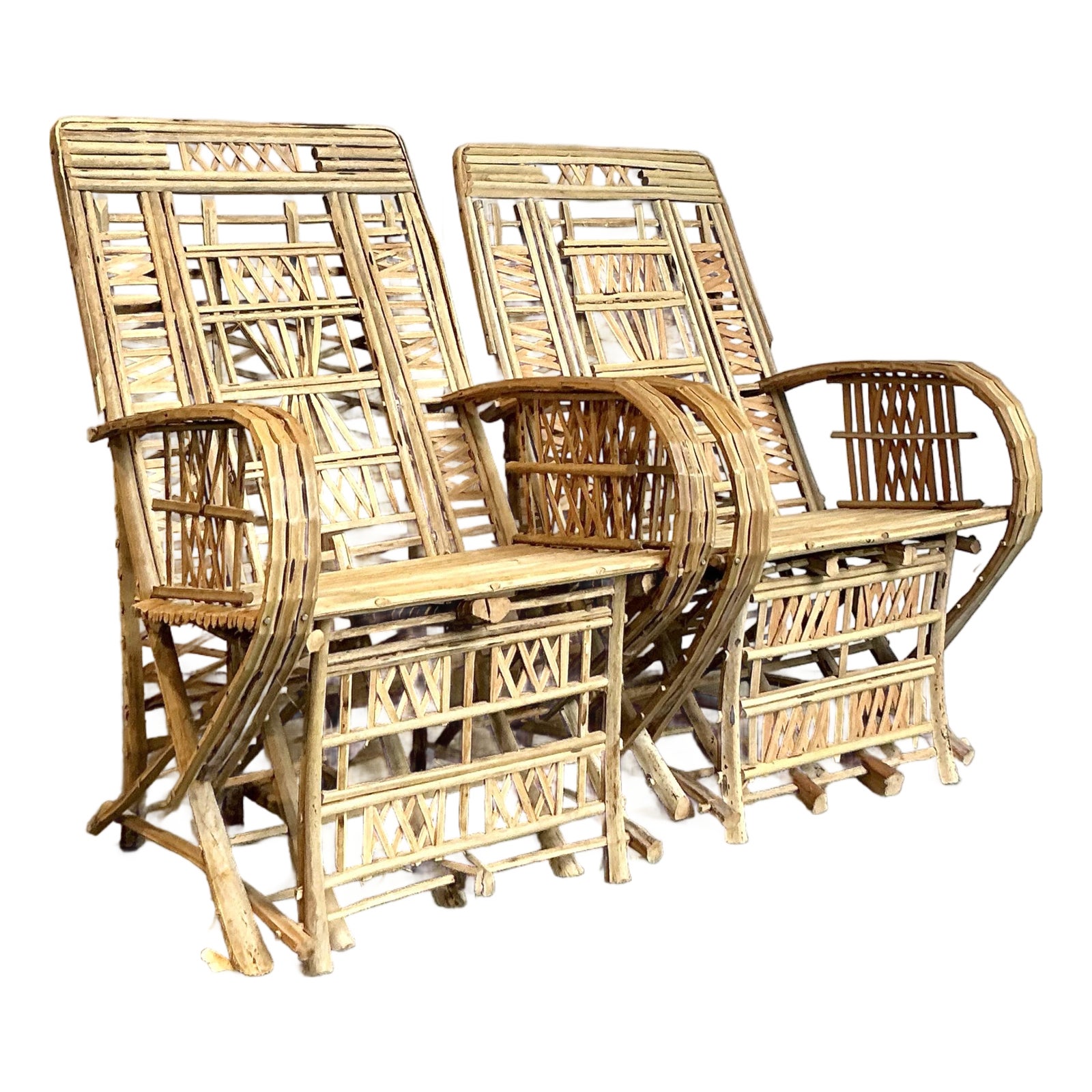 Vintage Boho Trellis Rattan Lounge Chairs - Set of 2