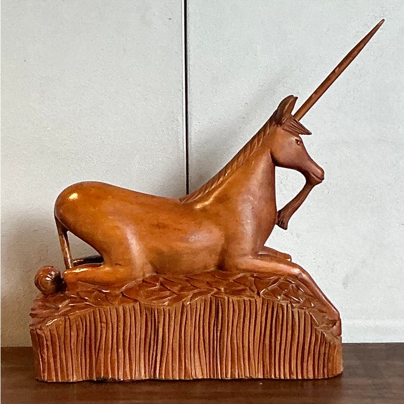 Vintage Boho Hand Carved Wooden Unicorn - Detail view