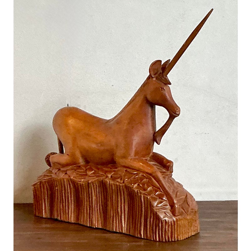 Vintage Boho Hand Carved Wooden Unicorn - Side view