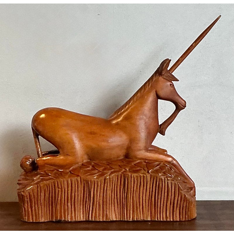 Vintage Boho Hand Carved Wooden Unicorn - Back view