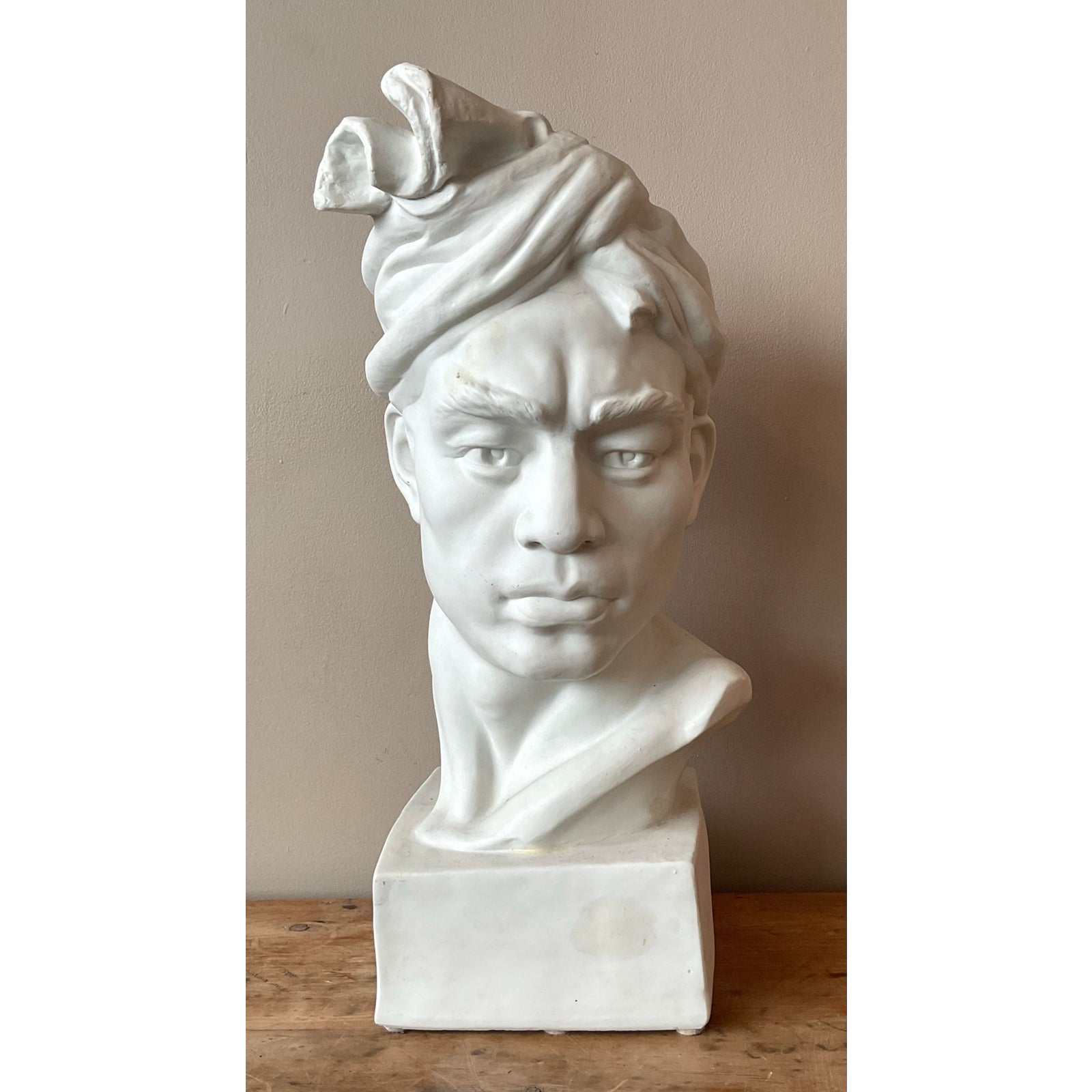 Vintage Glazed Ceramic Bust of Man - Side view