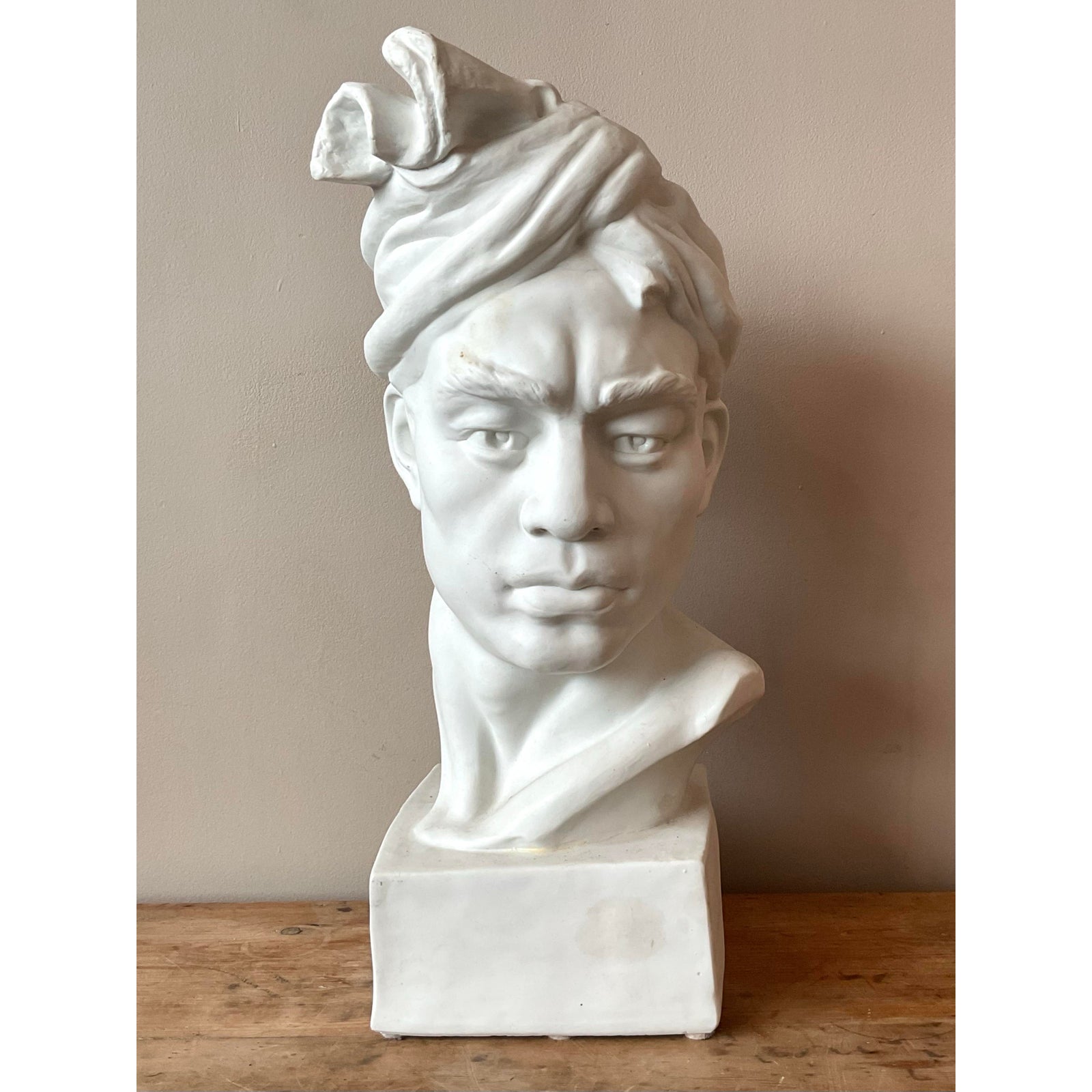 Vintage Glazed Ceramic Bust of Man - Detail view