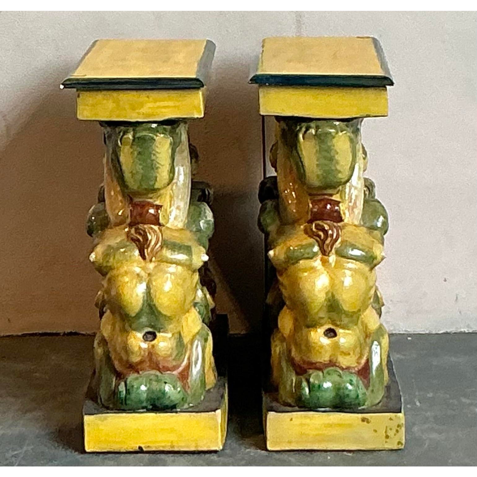 Vintage Coastal Glazed Terracotta Side Tables - A Pair - Top view