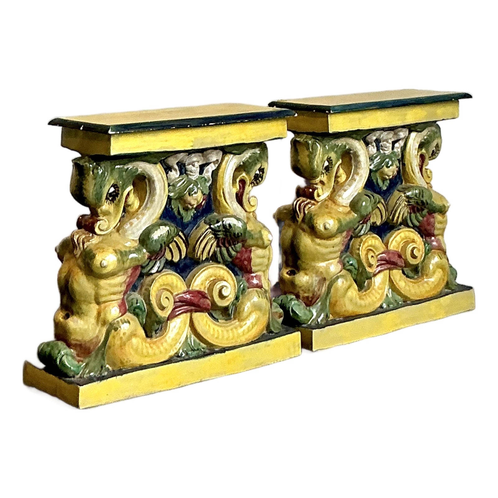 Vintage Coastal Glazed Terracotta Side Tables - A Pair