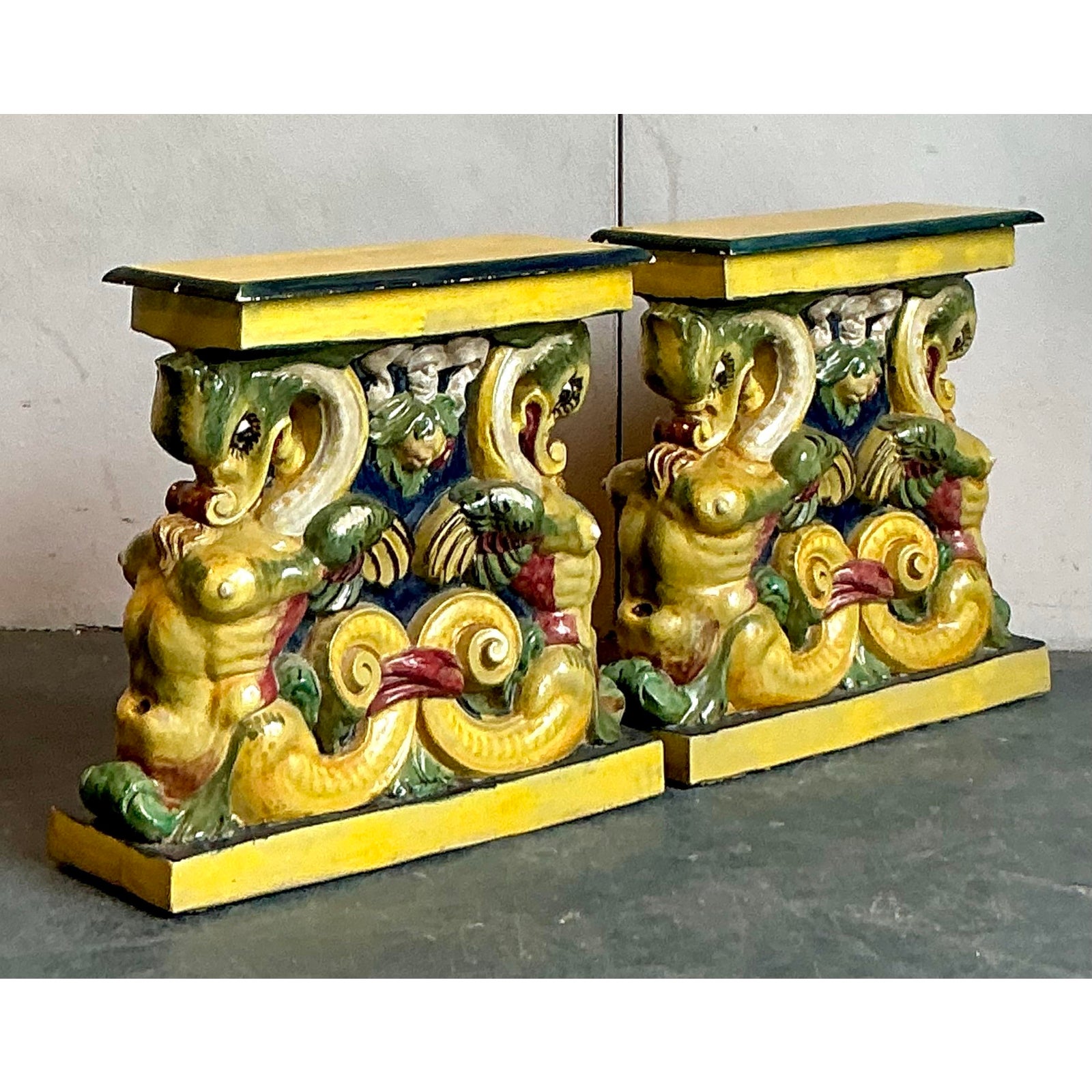 Vintage Coastal Glazed Terracotta Side Tables - A Pair - Detail view