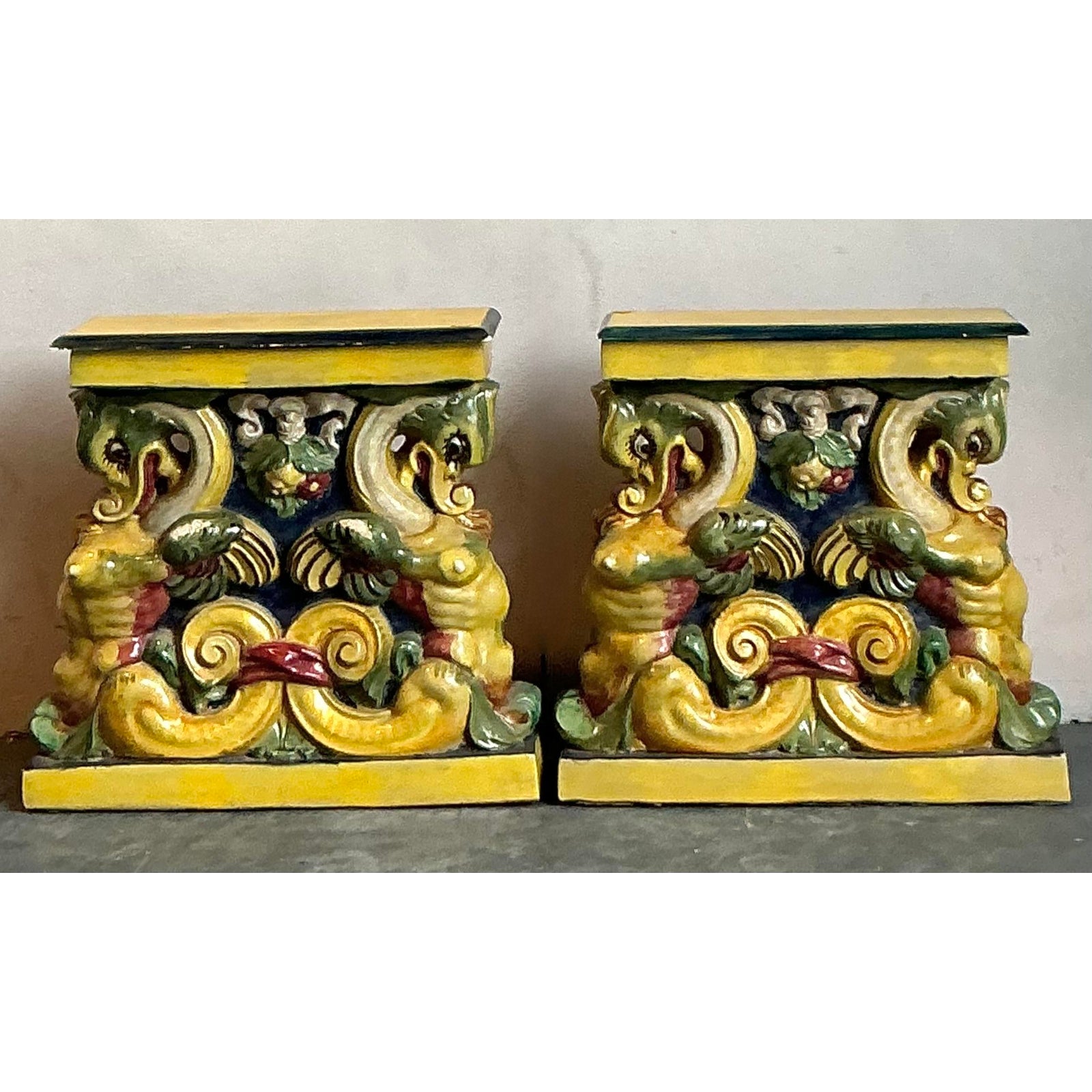 Vintage Coastal Glazed Terracotta Side Tables - A Pair - Back view