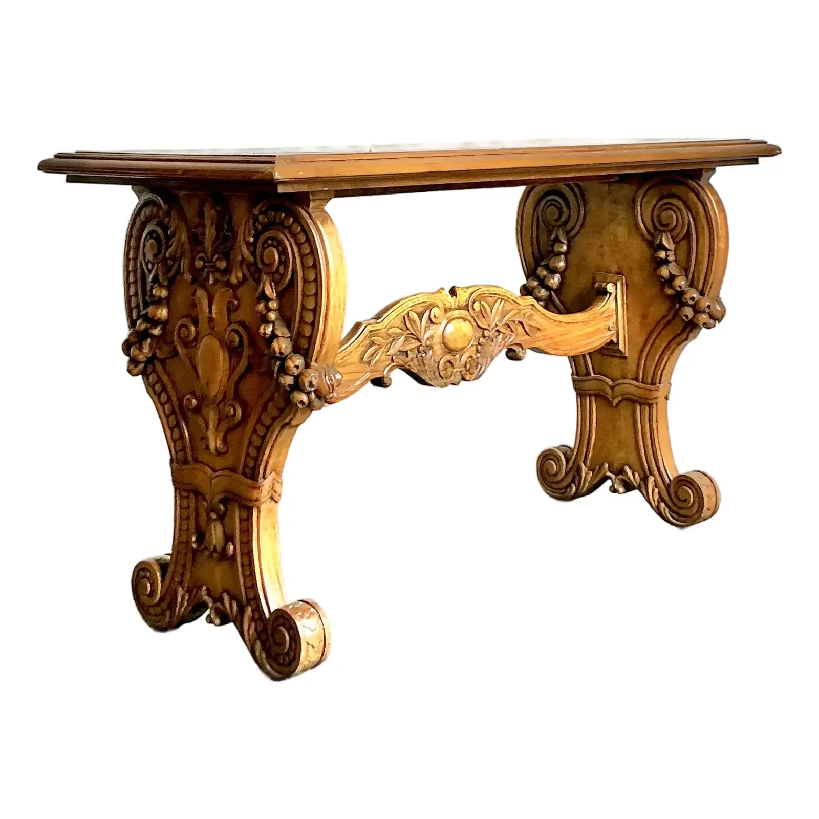 Vintage Boho Carved Burl Wood Console Table