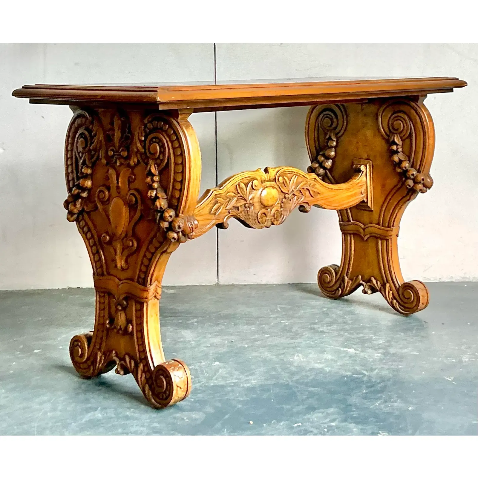 Vintage Boho Carved Burl Wood Console Table - Top view
