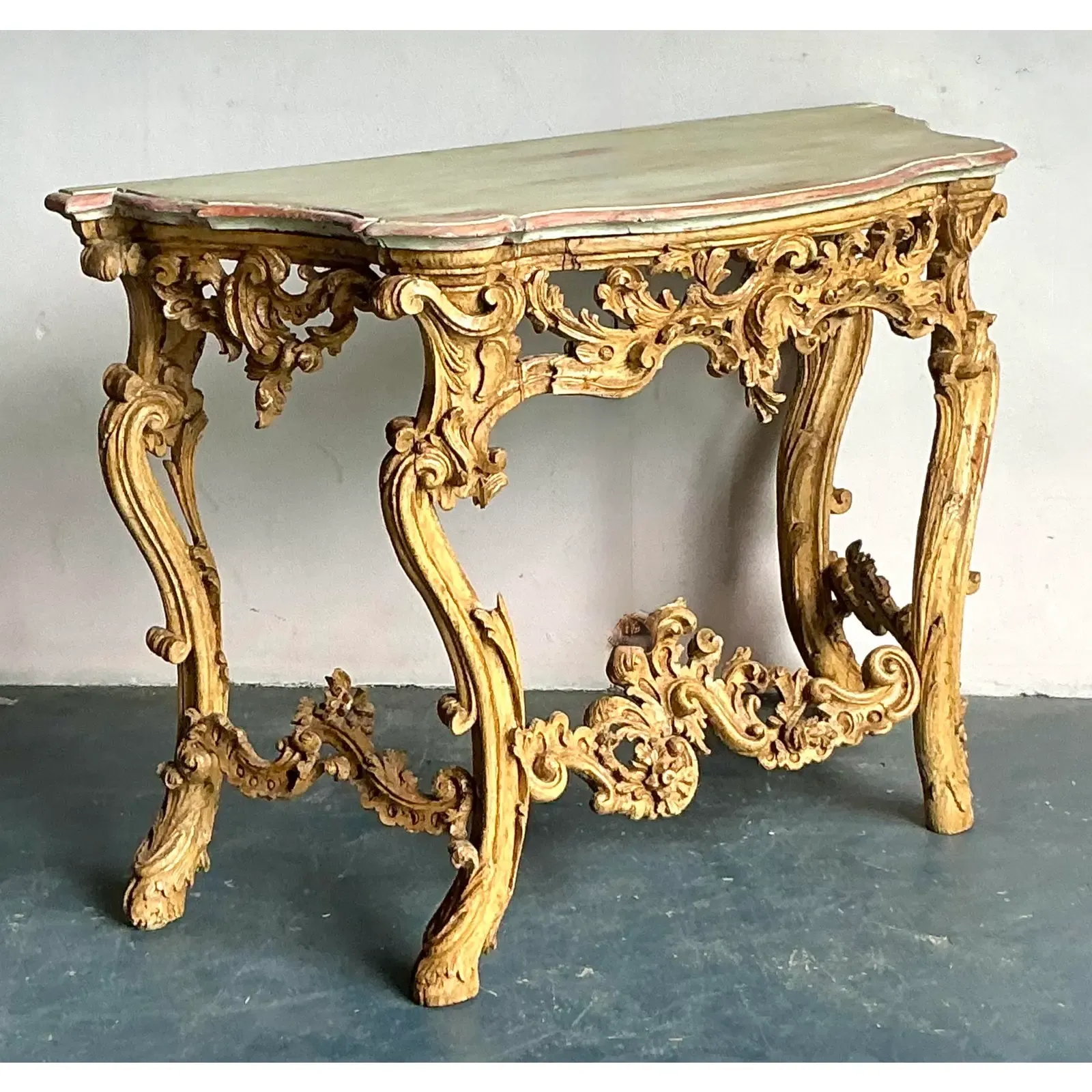Vintage Rococo Hand Painted Gilt Console Table - Side view
