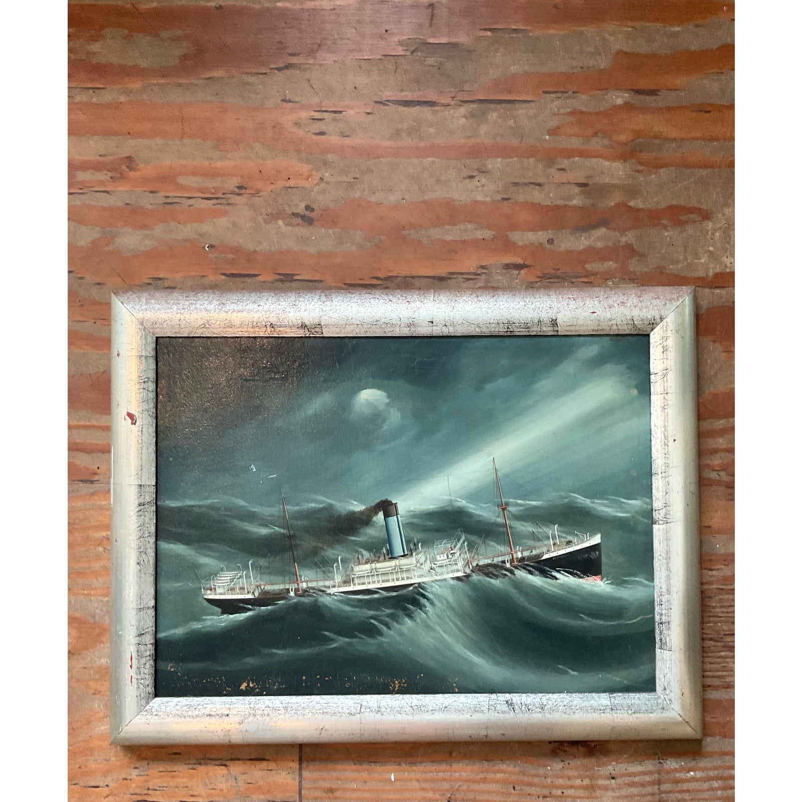 Vintage Coastal Original Seascape Oil Painting on Canvas - Top view