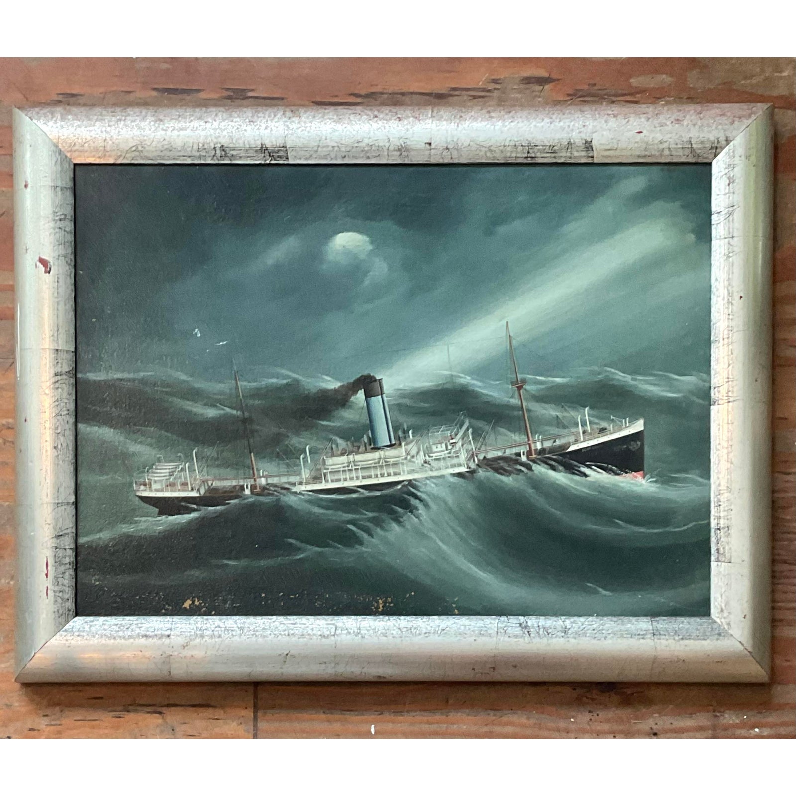 Vintage Coastal Original Seascape Oil Painting on Canvas - Detail view