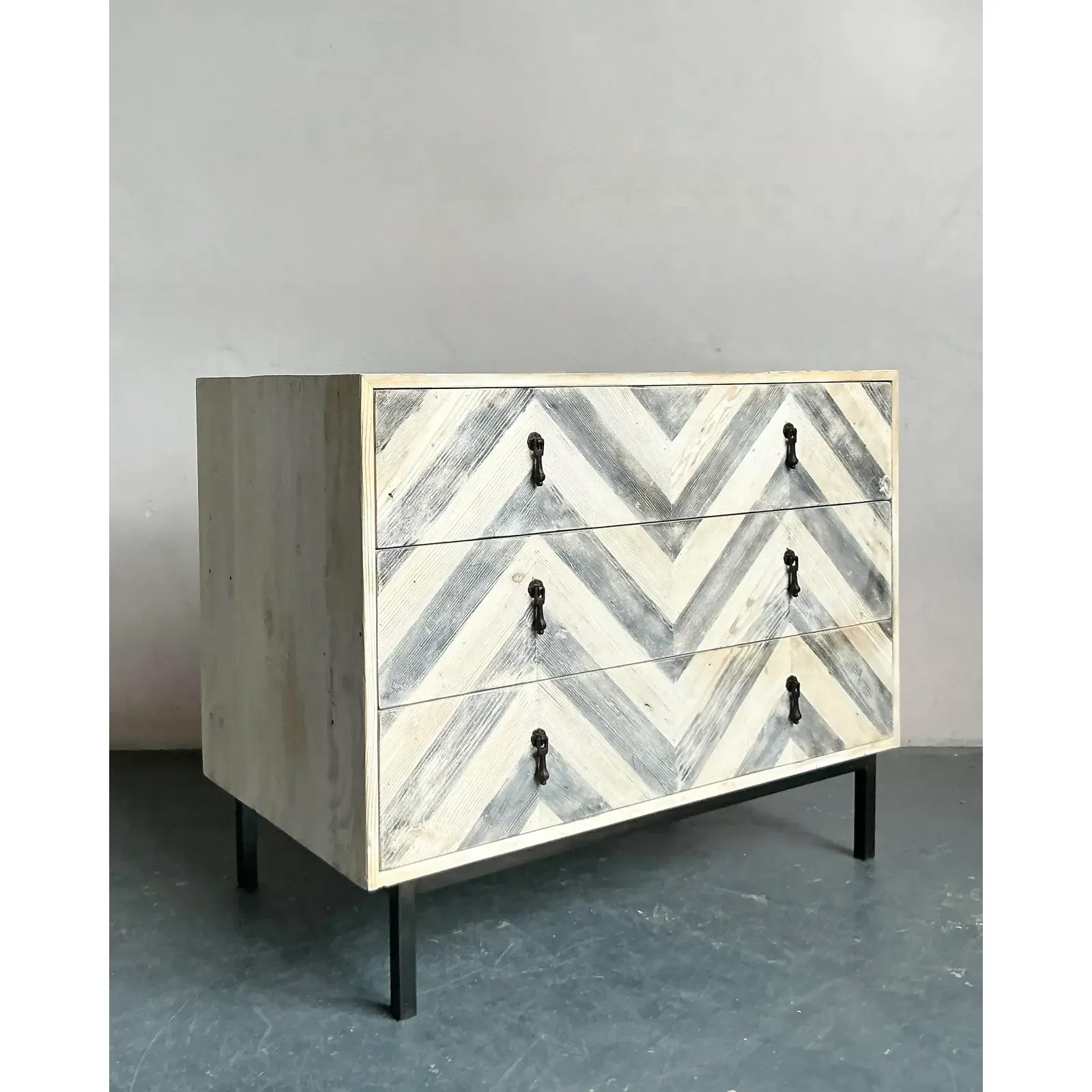 Vintage Boho Whitewash Chevron Chest of Drawers - Side view