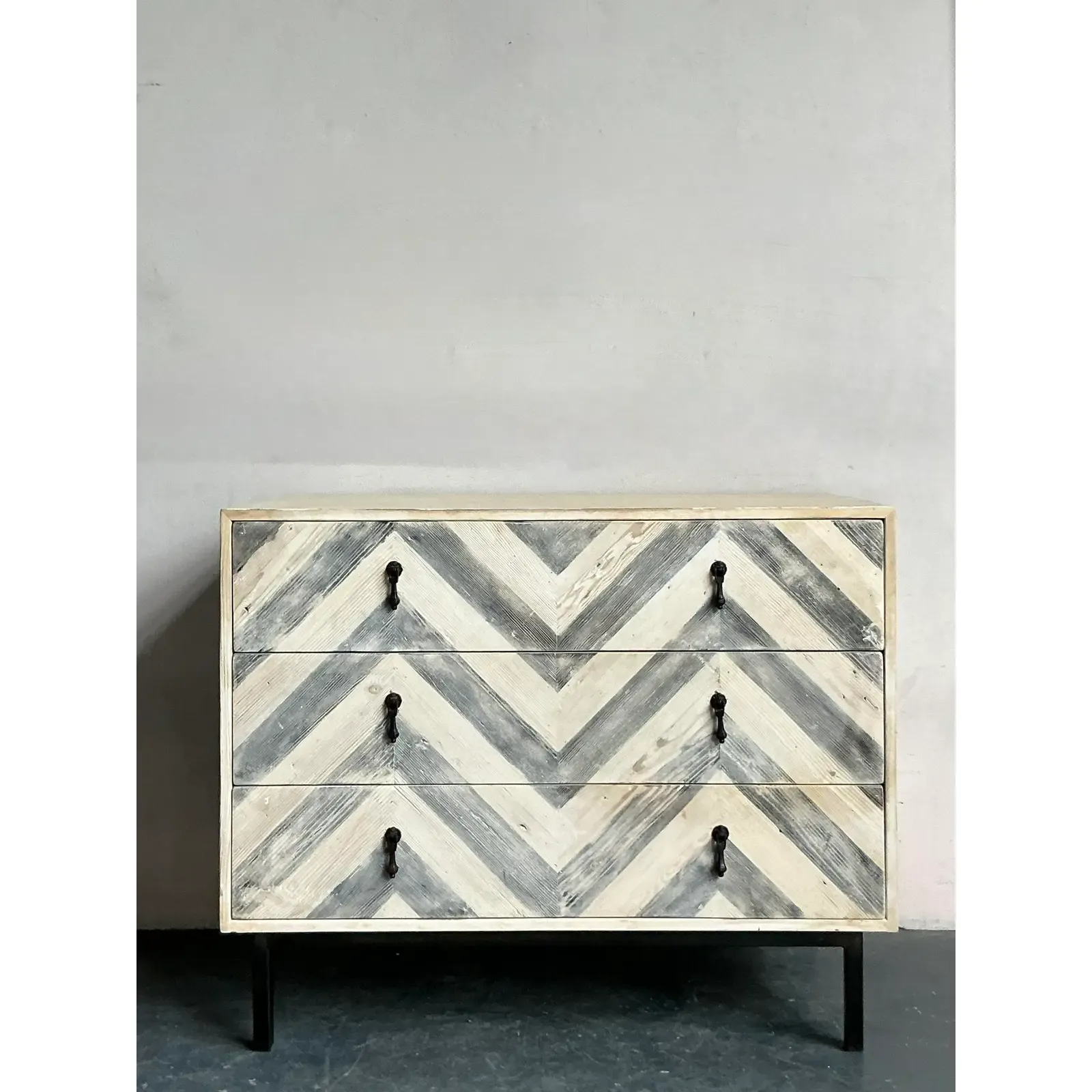 Vintage Boho Whitewash Chevron Chest of Drawers - Top view
