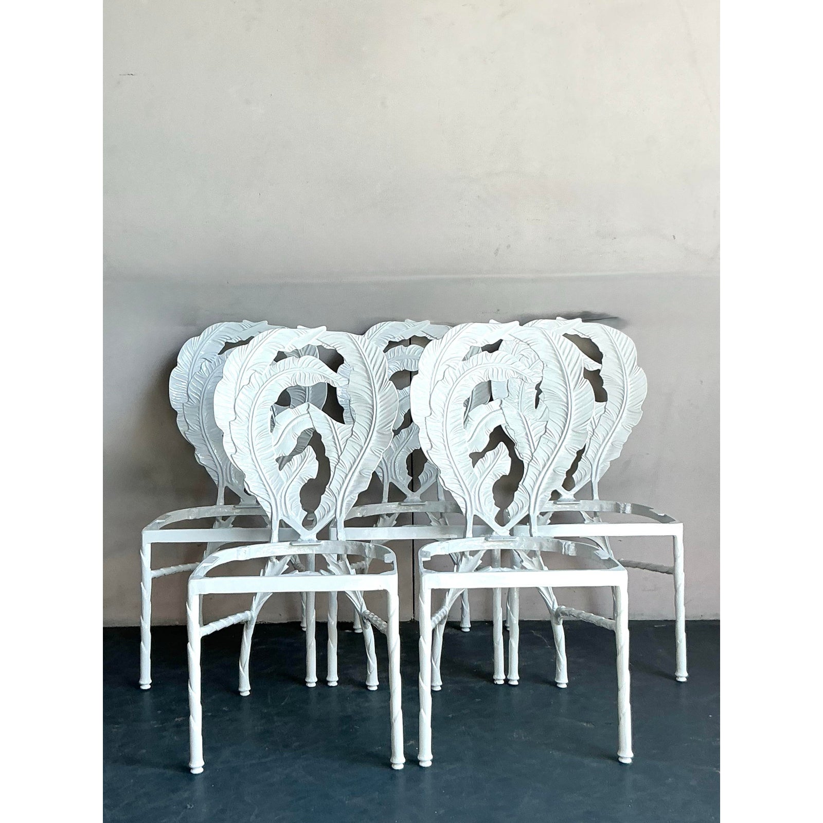 Vintage Regency Cast Aluminum Banana Leaf Dining Chairs -Set of 5 - Side view