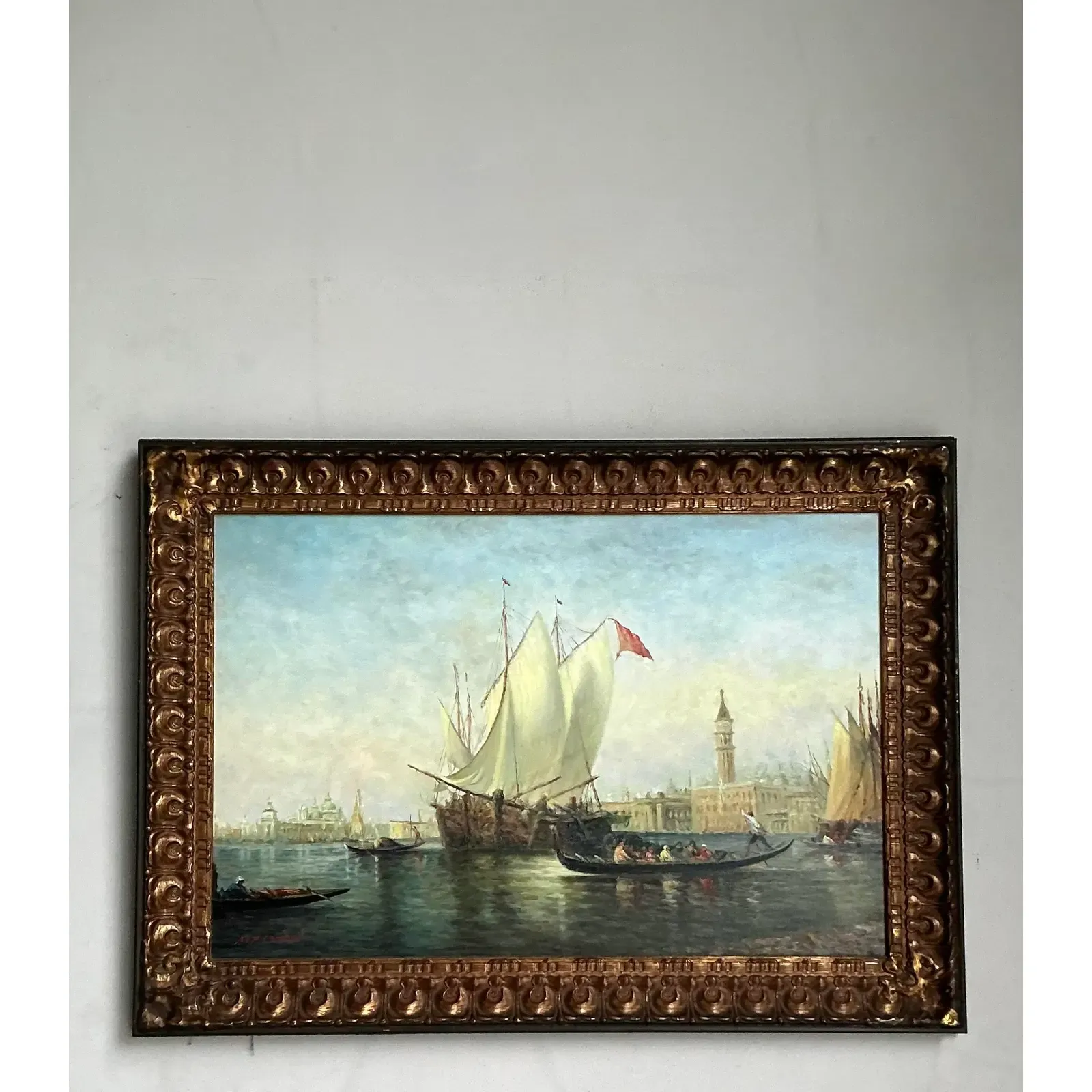 Vintage Regency Original Oil Seascape on Canvas - Detail view