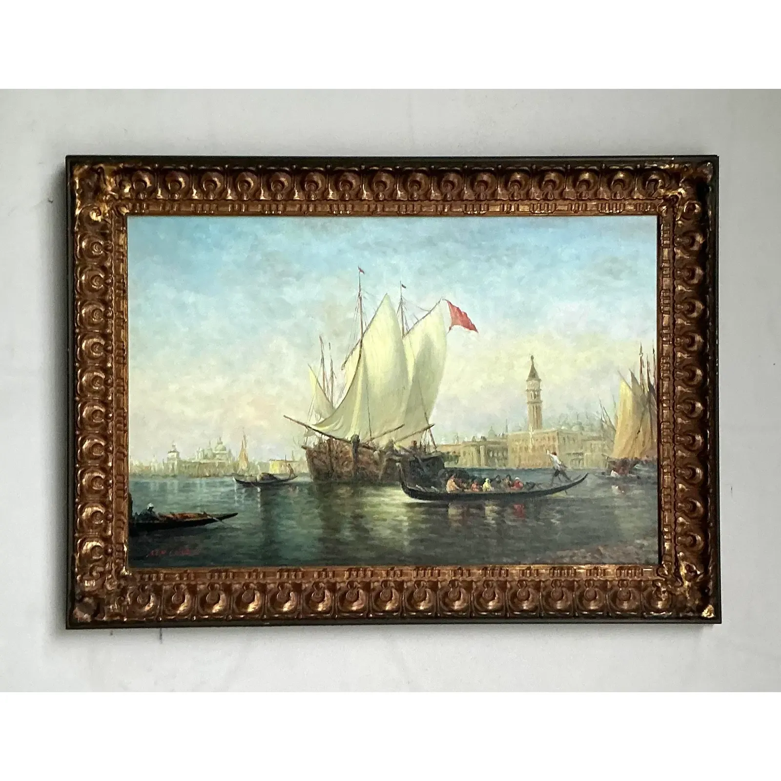 Vintage Regency Original Oil Seascape on Canvas - Side view