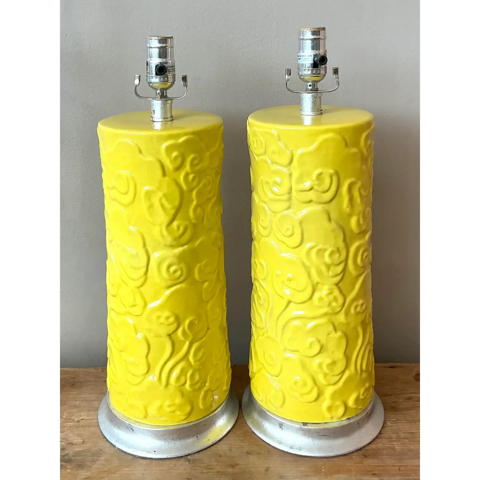 Vintage Regency Glazed Ceramic Cylinder Lamps - A Pair - Top view