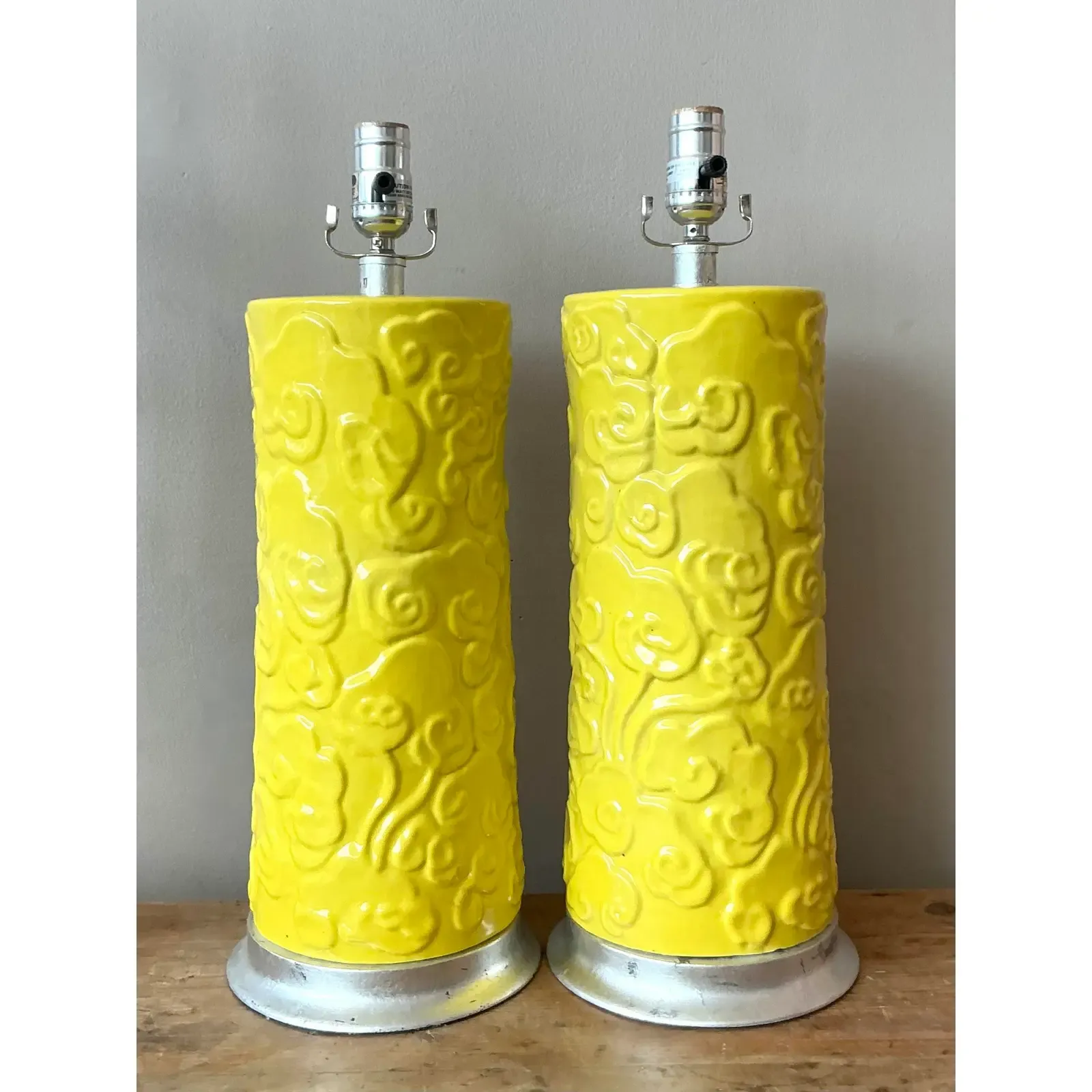 Vintage Regency Glazed Ceramic Cylinder Lamps - A Pair - Side view