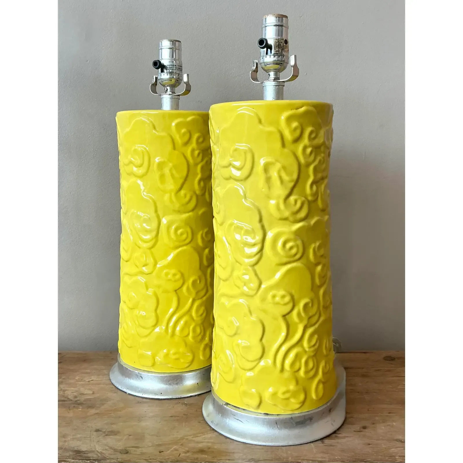 Vintage Regency Glazed Ceramic Cylinder Lamps - A Pair - Back view